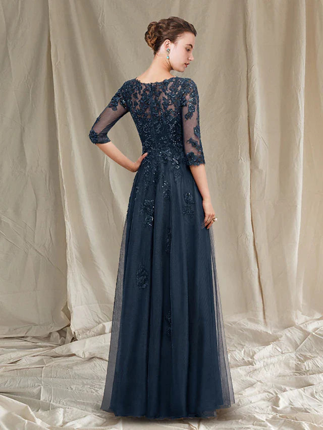 Wholesale A-Line Mother of the Bride Dress Luxurious Elegant V Neck Floor Length Chiffon Lace Tulle Half Sleeve with Sequin Appliques